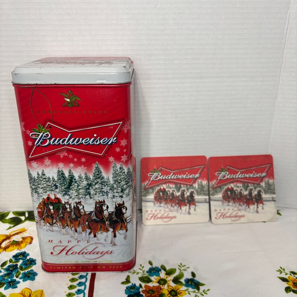 Vintage Budweiser Limited Edition 2007 Collector's Tin & Coasters Happy Holidays